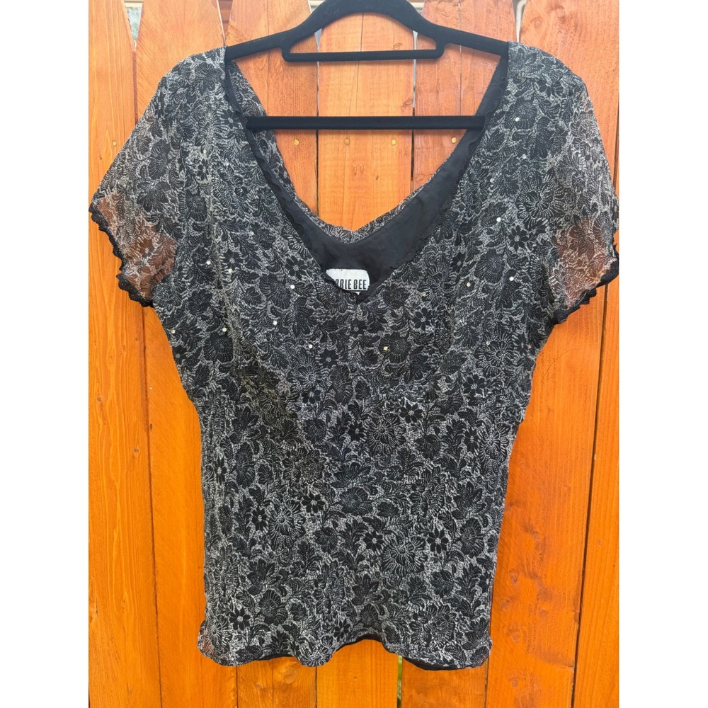 Robbie Bee Silk Floral Rhinestone Cowl Neck Top Black White Sz 14